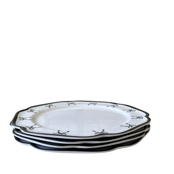 Shabby Chic Coquette BLACK Bow Melamine Dinner Plates 11in Set of 4 White New - Picture 4 of 15